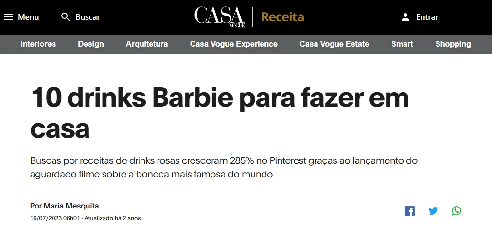 Fenômenos culturais geram conteúdo, seja por mídia espotânea ou atrelados a marcas, a exemplo dos drinks rosa em relação ao filme Barbie, podiam ser eles feitos em casa, montados numa Starbucks ou vendidos em bares.