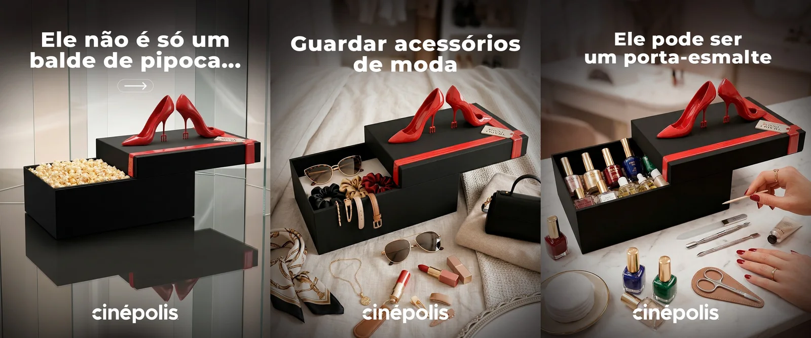 Para o filme O Diabo Veste Prada 2, a rede Cinépolis lançou um balde de pipoca semelhante a uma caixa de sapato, que sugere também outros usos que prolongam a presença da marca na vida do consumidor. Reprodução: Cinepolis/Instagram