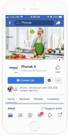 Fanpage da Phonak Brasil no Facebook Mobile